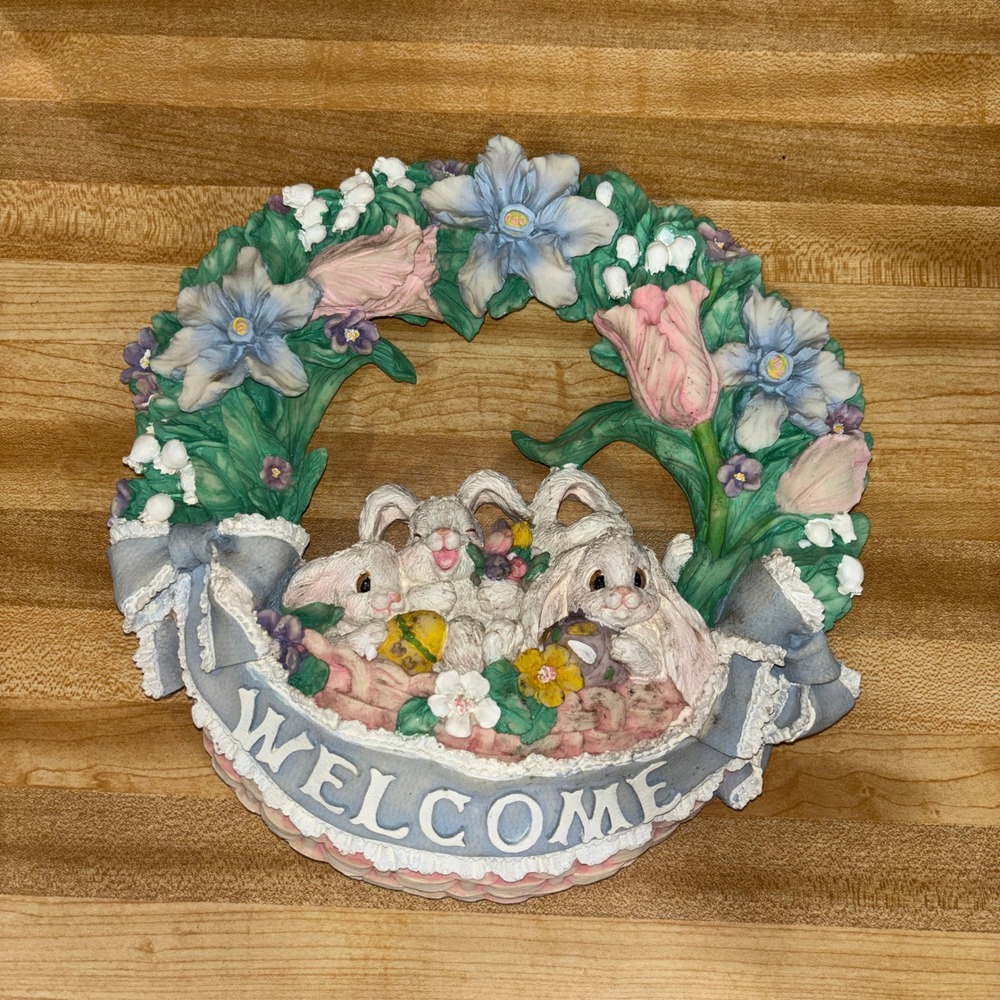 VTG 1996 Easter Bunny Welcome Wreath Wall Hanging Pastel Floral Spring Decor